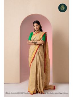 Ethnic Elements - Women Beige Linen Saree Without Blouse