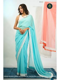 Ethnic Elements - Women Blue Mul Cotton Saree Without Blouse