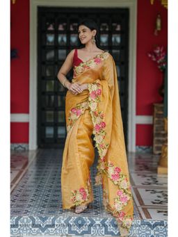 Ethnic Elements - Women Yellow Tissue Saree with Unstitched Blouse