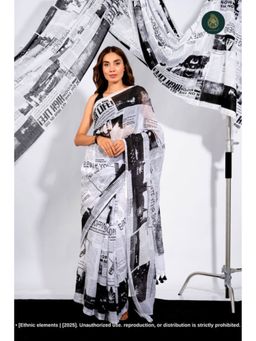 Ethnic Elements - Women White Mul Cotton Saree Without Blouse