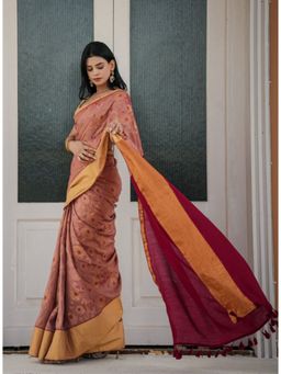 Ethnic Elements - Women Pink Mul Cotton Saree Without Blouse
