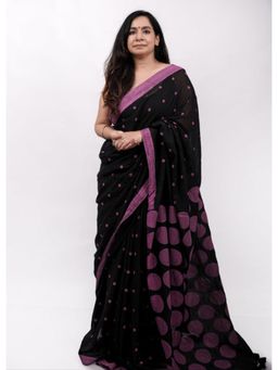 Ethnic Elements - Women Black Mul Cotton Saree Without Blouse
