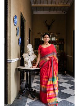 Ethnic Elements - Women Red Mul Cotton Saree Without Blouse