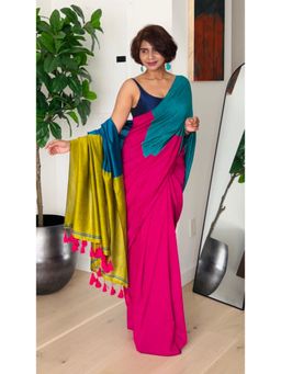 Ethnic Elements - Women Pink Cotton Saree with Unstitched Blouse