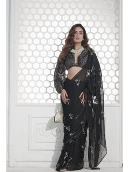 Ensembles - Flamingo Black Chiffon Saree With Stitched Blouse