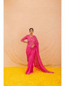 KAVANA - Women Embroidered Pink Ruhi Linen Saree with Unstitched Without Blouse