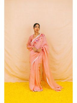 KAVANA - Women Embroidered Pink Varahi Linen Saree with Unstitched Blouse