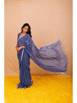 KAVANA - Manorama Blue Linen Saree with Unstitched Blouse