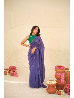 KAVANA - Women Purple Embroidered Divija Chanderi Saree with Unstitched Without Blouse