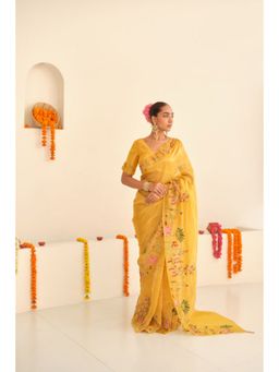 KAVANA - Women Embroidered Yellow Sunehri Silk Tissue Saree with Unstitched Blouse