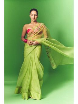 KAVANA - Women Embroidered Green Surbhi Silk Organza Saree with Unstitched Blouse
