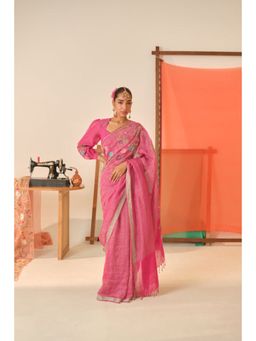 KAVANA - Women Embroidered Pink Alka Tissue Linen Saree with Unstitched Blouse