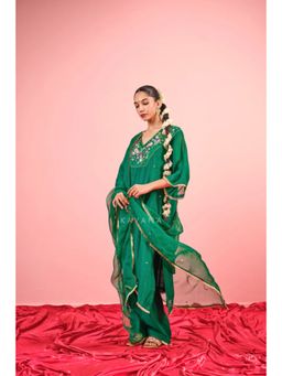KAVANA - Women Embroidered Green Panna Silk Organza Dupatta