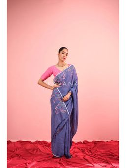 KAVANA - Neel Linen Blue Embroidered Saree with Unstitched Blouse