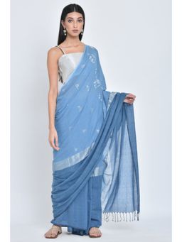 KAVANA - Women Blue Embroidered Ishi |Handwoven Jamdani Organic Cotton Saree