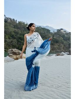 KAVANA - Women Embroidered White Amber Linen Saree with Unstitched Blouse