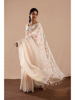 KAVANA - Nilofar Cream Linen Embroidered Saree with Unstitched Blouse