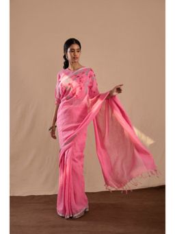 KAVANA - Women Pink Embroidered Gulshan Linen Saree with Unstitched Blouse