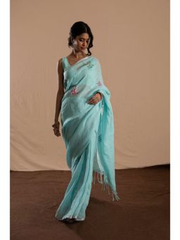 KAVANA - Neel Gagan Blue Linen Saree with Unstitched Blouse