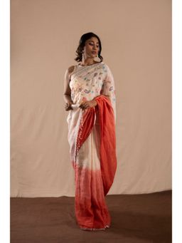 KAVANA - Women Cream Floral Embroidered Dastaan Linen Saree with Unstitched Without Blouse