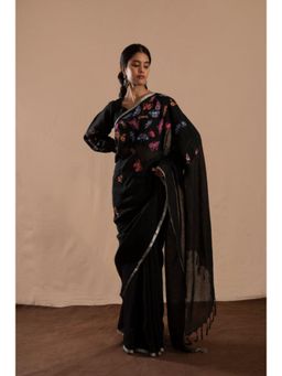 KAVANA - Women Embroidered Black Titli Linen Saree with Unstitched Blouse