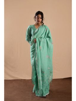 KAVANA - Women Embroidered Green Suhana Safar Linen Saree with Unstitched Blouse