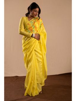 KAVANA - Women Floral Yellow Shamila Chanderi Saree with Unstitched Blouse