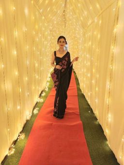 Ensembles - Maple Leaf Black Silk Chiffon Saree with Stitched Blouse