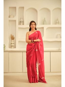 KAVANA - Women Floral Red Hand Embroidered Cotton Saree