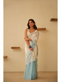 KAVANA - Women White and Blue Ombre Floral Hand Embroidered Cotton Saree