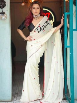 Ensembles - Name on Saree - Ivory Georgette Saree with Stitched Blouse