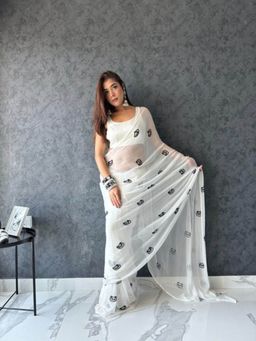 Ensembles - Panda White Pure Chiffon Saree with Stitched Blouse