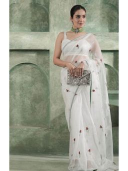 Ensembles - Rose White Organza Saree with Stitched Blouse