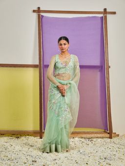 KAVANA - Women Embroidered Green Shaleen Silk Organza Saree with Unstitched Without Blouse