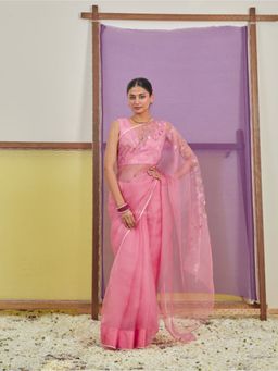 KAVANA - Women Embroidered Pink Sitara Silk Organza Saree with Unstitched Blouse