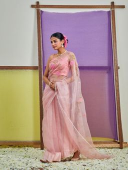 KAVANA - Women Pink Embroidered Gulnaz Silk Organza Saree with Unstitched Without Blouse
