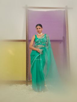 KAVANA - Women Green Embroidered Harit Silk Organza Saree with Unstitched Blouse