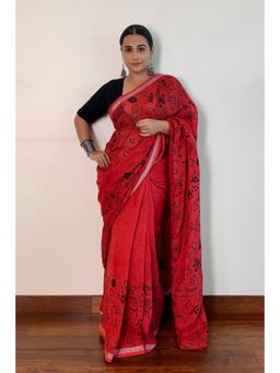KAVANA - Women Red Gulmohar Hand Painted Linen Saree