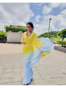 KAVANA - Women Ombre Yellow Sabz Linen Saree with Unstitched Blouse