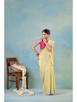 KAVANA - Women Patterned Yellow Sarma Linen Saree with Unstitched Without Blouse