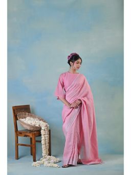 KAVANA - Women Striped Pink Roop Linen Saree with Unstitched Blouse
