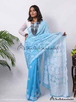 The Chikan Label - Blue Sahira Georgette Chikankari Half Jaal Saree with Unstitched Blouse