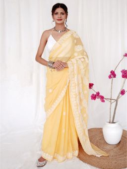 The Chikan Label - Aarvika Kota Doria Chikankari Saree with Unstitched Blouse - Yellow