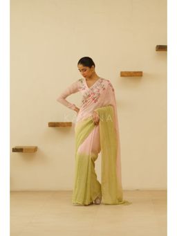 KAVANA - Women Pink Embroidered Gulnoor Linen Saree with Unstitched Blouse