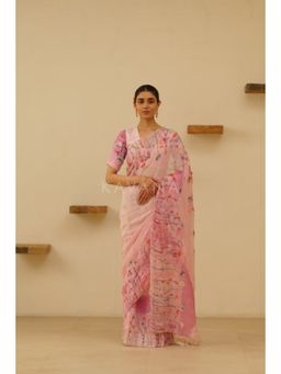 KAVANA - Women Pink Farah Linen Saree with Unstitched Blouse