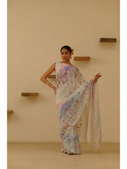 KAVANA - Women Embroidered Blue Seher Linen Saree with Unstitched Blouse