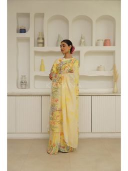 KAVANA - Women Embroidered Yellow Zarf Linen Saree with Unstitched Without Blouse