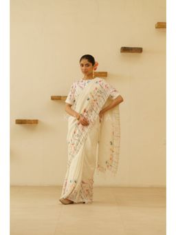 KAVANA - Women Floral White Sofi Linen Saree with Unstitched Blouse