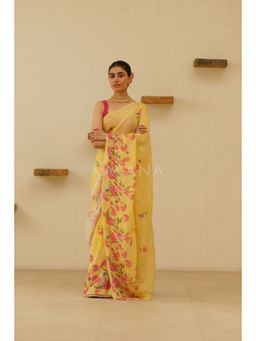 KAVANA - Women Printed Pink Amla Linen Saree with Unstitched Blouse