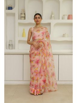 KAVANA - Women Floral Pink Zarin Organza Saree with Unstitched Blouse